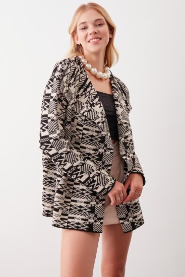 Etnik Desenli Şal Yaka Triko Hırka - 9