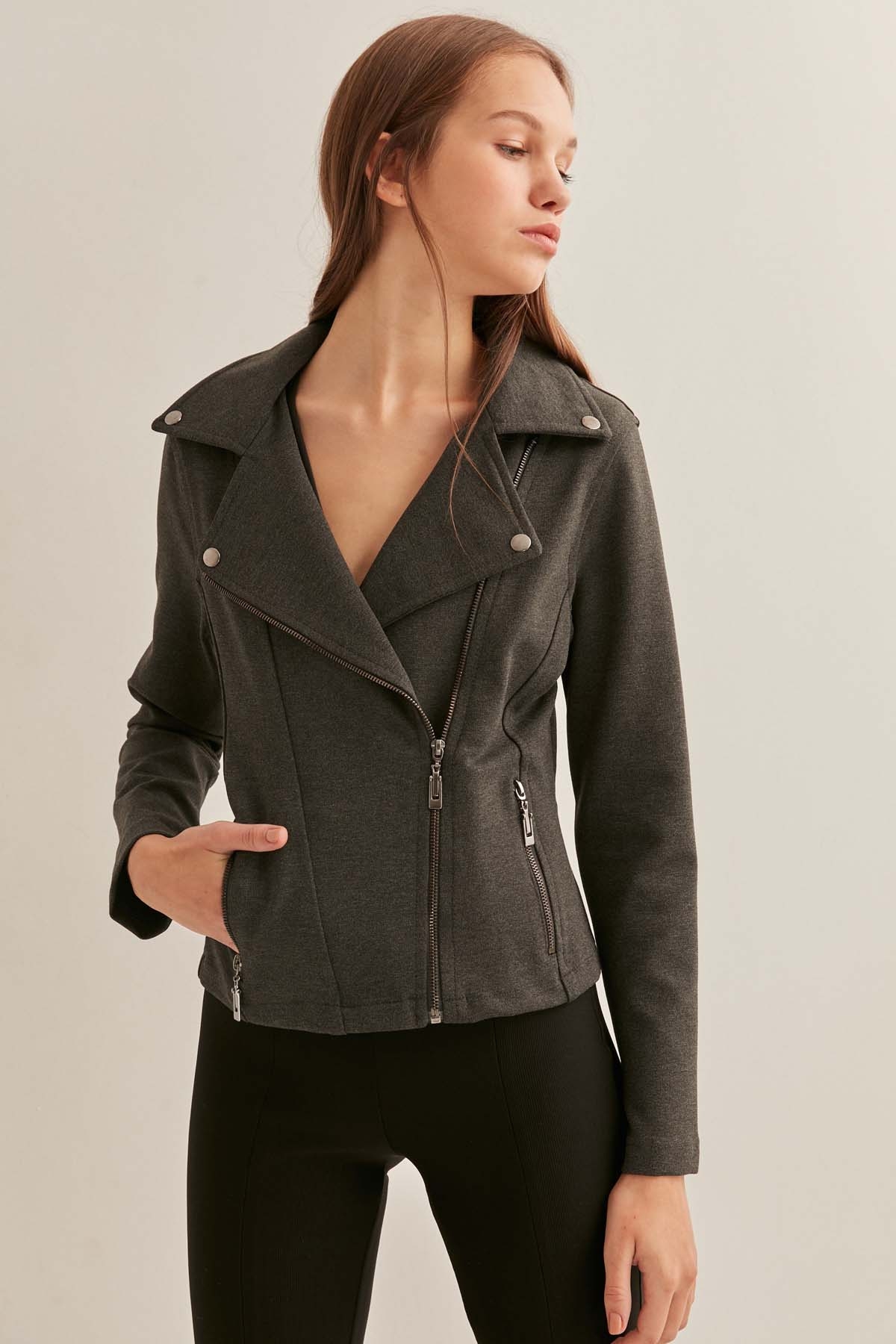 Fermuar Detaylı Kelebek Yaka Örme Biker Ceket - Thumbnail