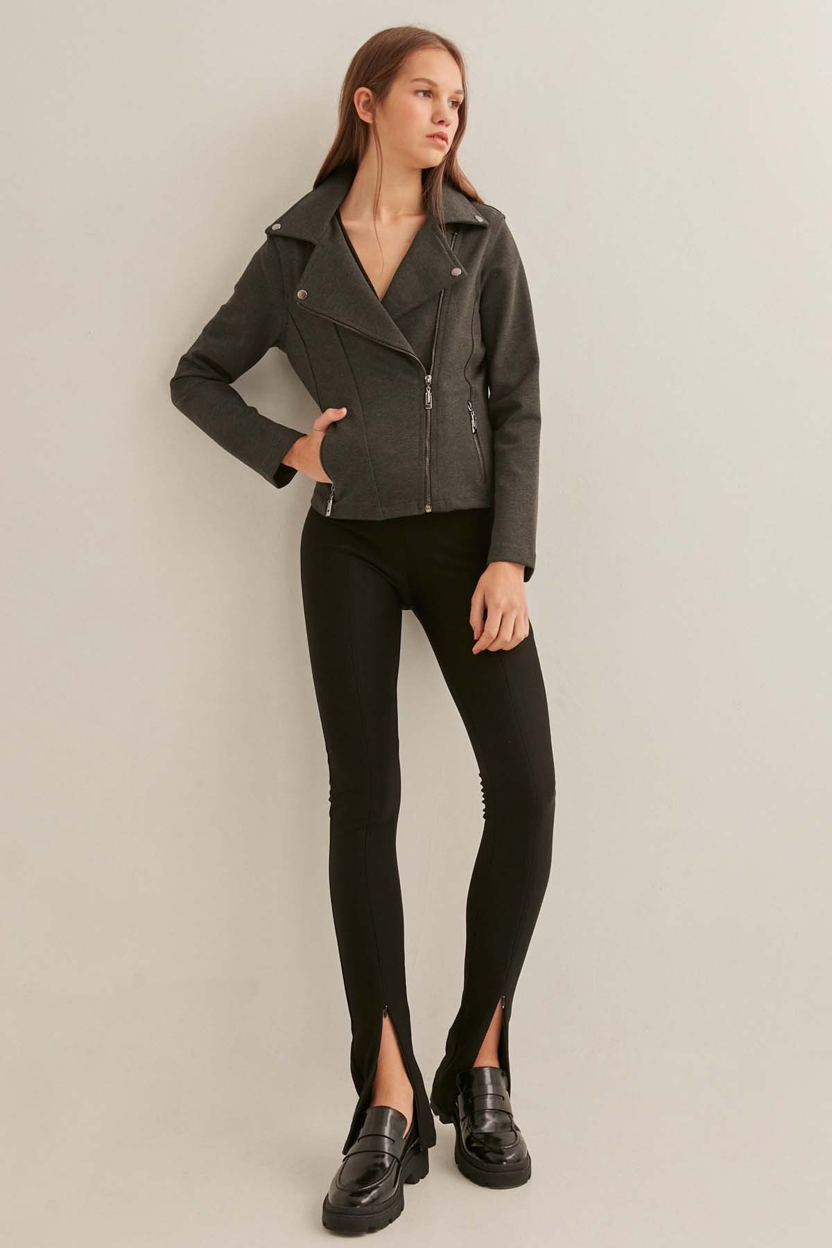 Fermuar Detaylı Kelebek Yaka Örme Biker Ceket - Thumbnail