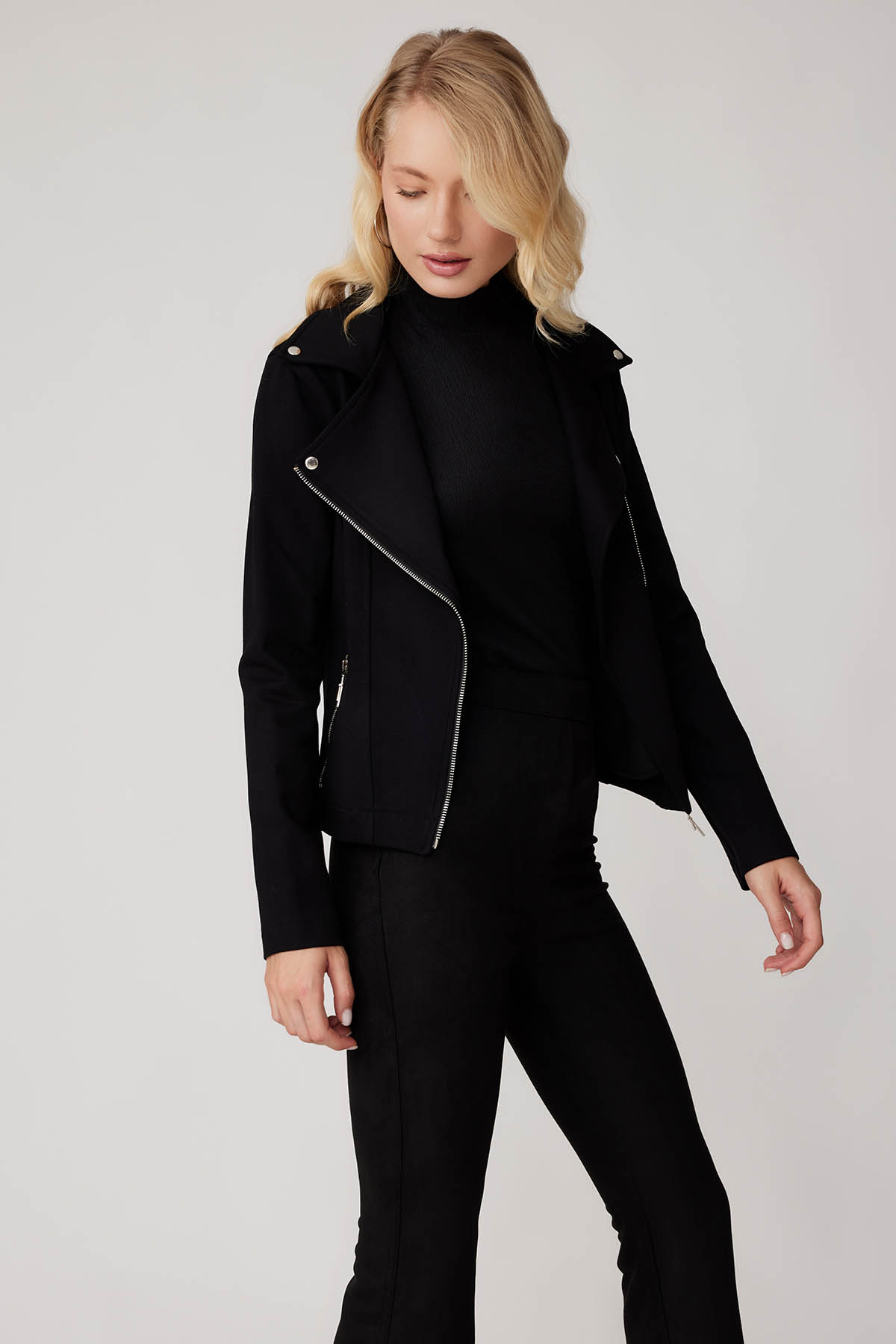 Fermuar Detaylı Kelebek Yaka Örme Biker Ceket - Thumbnail