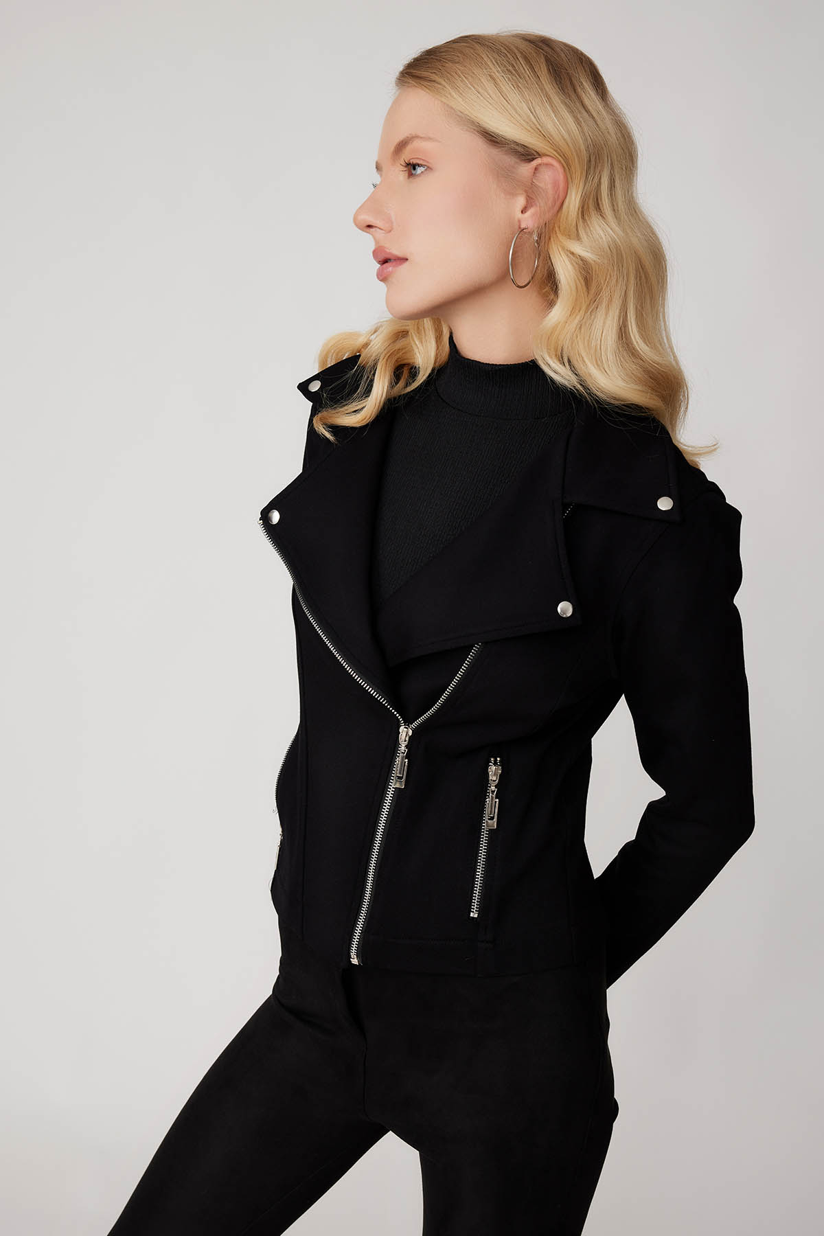 Fermuar Detaylı Kelebek Yaka Örme Biker Ceket - Thumbnail