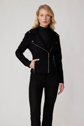 Fermuar Detaylı Kelebek Yaka Örme Biker Ceket - Thumbnail