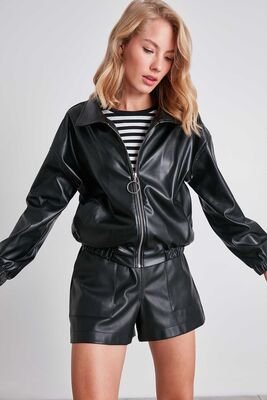 Fermuarlı Bomber Suni Deri Ceket - Thumbnail (2)