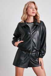 Fermuarlı Bomber Suni Deri Ceket - 5