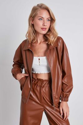 Fermuarlı Bomber Suni Deri Ceket - Thumbnail (7)