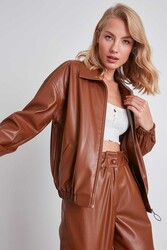 Fermuarlı Bomber Suni Deri Ceket - 10