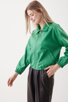 Fermuarlı Bomber Suni Deri Ceket - Thumbnail (17)