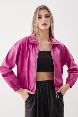 Fermuarlı Bomber Suni Deri Ceket - Thumbnail (19)