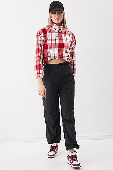 Fermuarlı Dik Yaka Ekose Desen Sweat - 1