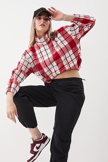 Fermuarlı Dik Yaka Ekose Desen Sweat - 2