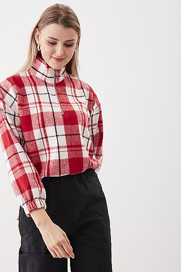 Fermuarlı Dik Yaka Ekose Desen Sweat - 3