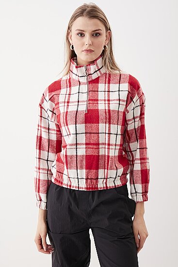 Fermuarlı Dik Yaka Ekose Desen Sweat - 4