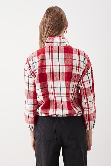 Fermuarlı Dik Yaka Ekose Desen Sweat - 5