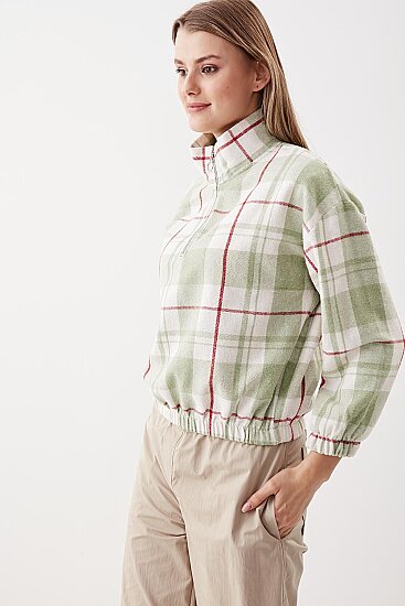 Fermuarlı Dik Yaka Ekose Desen Sweat - 7