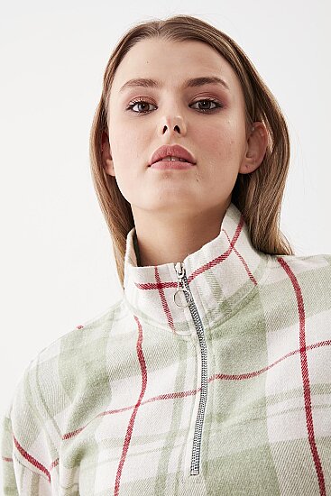 Fermuarlı Dik Yaka Ekose Desen Sweat - 8