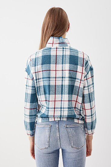 Fermuarlı Dik Yaka Ekose Desen Sweat - 14