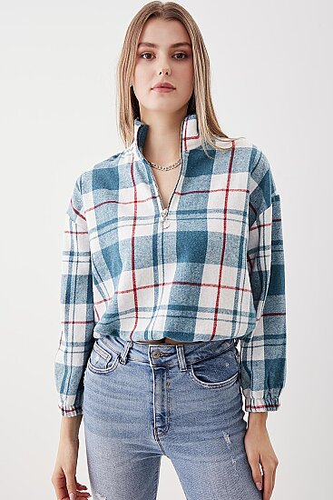 Fermuarlı Dik Yaka Ekose Desen Sweat - 11