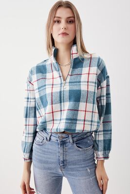 Fermuarlı Dik Yaka Ekose Desen Sweat - Thumbnail (10)