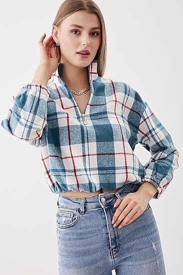 Fermuarlı Dik Yaka Ekose Desen Sweat - 12