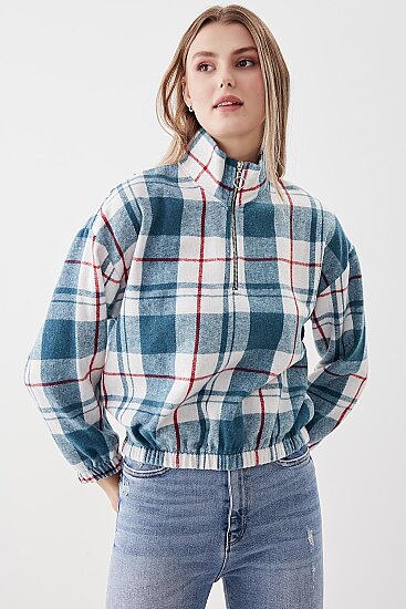 Fermuarlı Dik Yaka Ekose Desen Sweat - 13