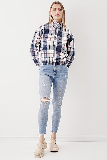 Fermuarlı Dik Yaka Ekose Desen Sweat - 17