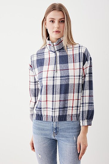 Fermuarlı Dik Yaka Ekose Desen Sweat - 18