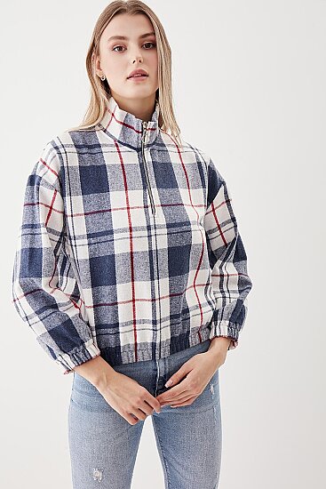 Fermuarlı Dik Yaka Ekose Desen Sweat - 19