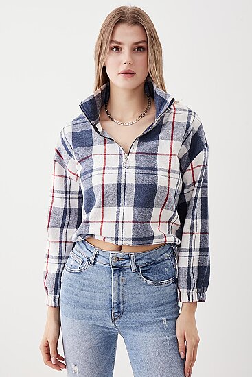 Fermuarlı Dik Yaka Ekose Desen Sweat - 21