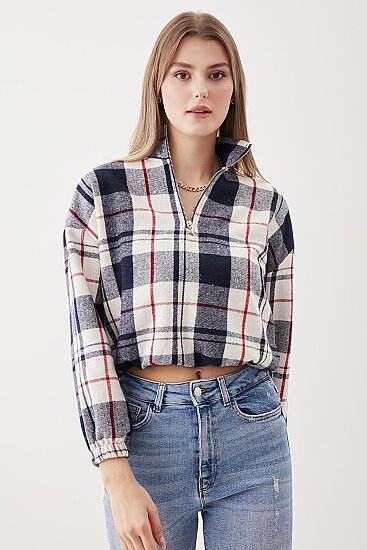 Fermuarlı Dik Yaka Ekose Desen Sweat - 22