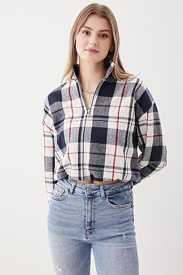 Fermuarlı Dik Yaka Ekose Desen Sweat - 23