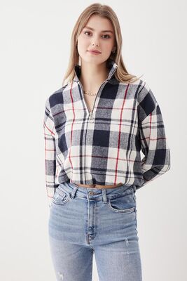 Fermuarlı Dik Yaka Ekose Desen Sweat - Thumbnail (22)