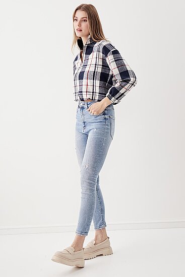 Fermuarlı Dik Yaka Ekose Desen Sweat - 24