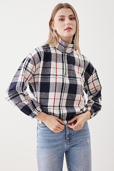Fermuarlı Dik Yaka Ekose Desen Sweat - 25