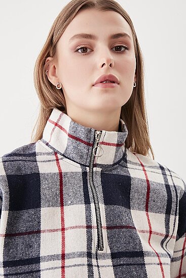 Fermuarlı Dik Yaka Ekose Desen Sweat - 26