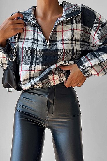 Fermuarlı Dik Yaka Ekose Desen Sweat - 28