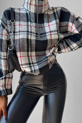 Fermuarlı Dik Yaka Ekose Desen Sweat - Thumbnail (29)