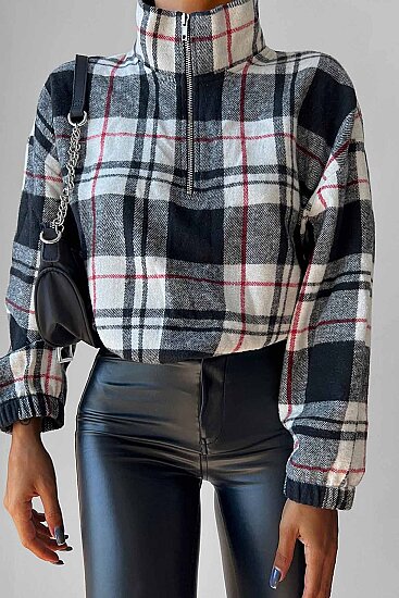 Fermuarlı Dik Yaka Ekose Desen Sweat - 31