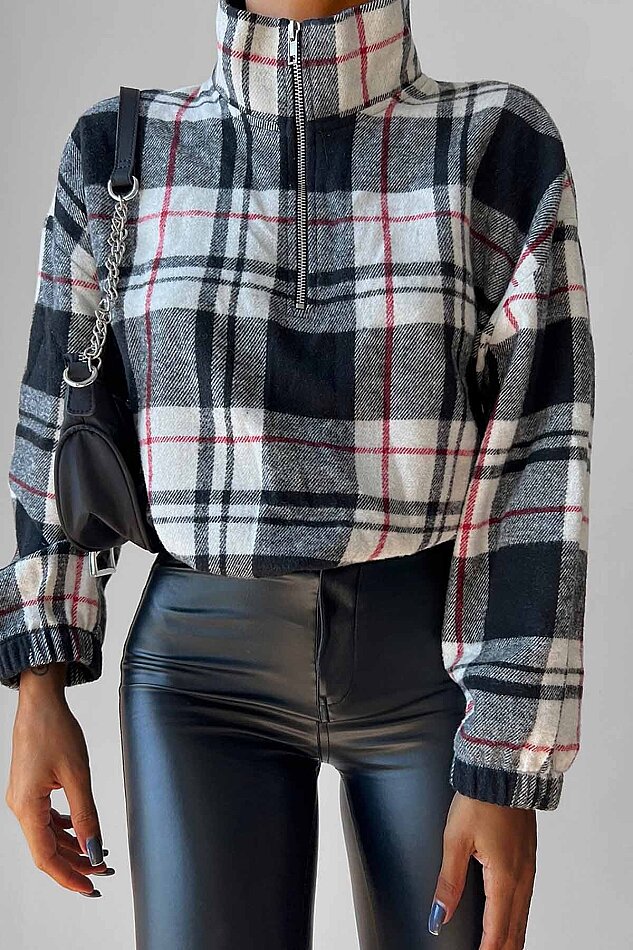 Fermuarlı Dik Yaka Ekose Desen Sweat - 31