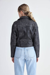 Fermuarlı Suni Deri Crop Biker Ceket - 6