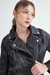 Fermuarlı Suni Deri Crop Biker Ceket - 8