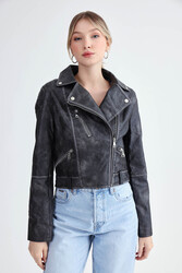 Fermuarlı Suni Deri Crop Biker Ceket - 3