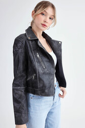 Fermuarlı Suni Deri Crop Biker Ceket - 5