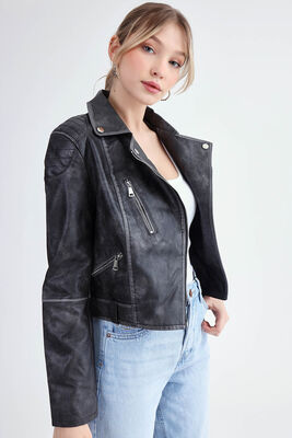 Fermuarlı Suni Deri Crop Biker Ceket - Thumbnail (4)