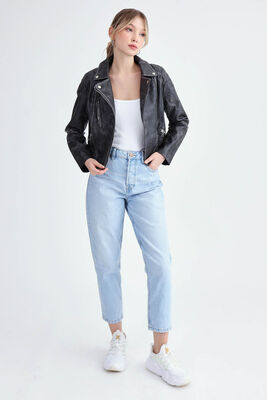 Fermuarlı Suni Deri Crop Biker Ceket - Thumbnail (3)