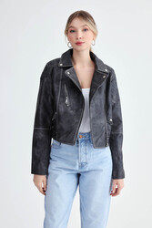 Fermuarlı Suni Deri Crop Biker Ceket - 7