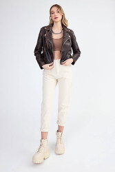 Fermuarlı Suni Deri Crop Biker Ceket - 10