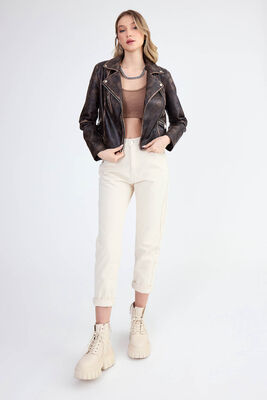 Fermuarlı Suni Deri Crop Biker Ceket - Thumbnail (9)