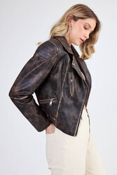 Fermuarlı Suni Deri Crop Biker Ceket - 12