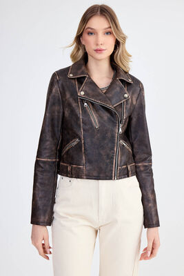 Fermuarlı Suni Deri Crop Biker Ceket - Thumbnail (10)