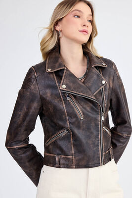 Fermuarlı Suni Deri Crop Biker Ceket - Thumbnail (13)